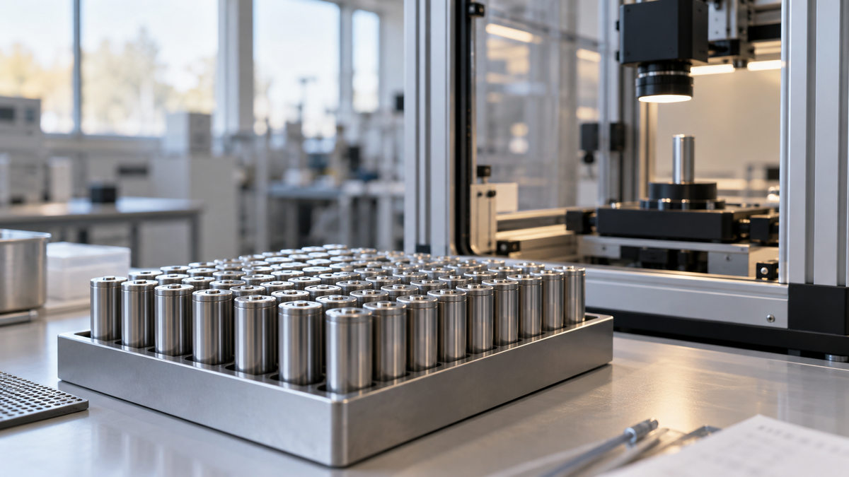 Battery cells beside optical inspection equipment in a research laboratory