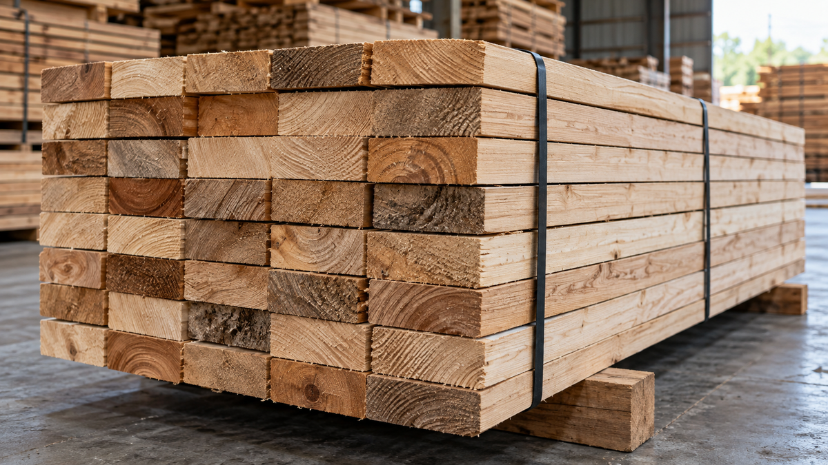 A strapped bundle of sawn timber boards in a warehouse
