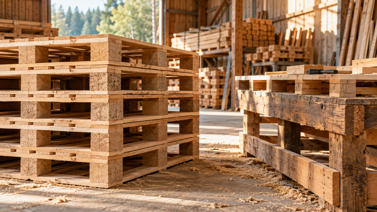 Wooden pallets stacked beside a workshop assembly bench