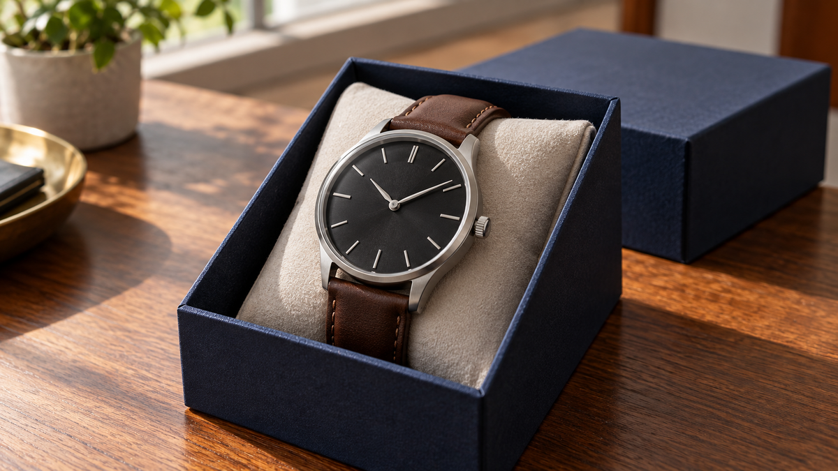 Unbranded analog wristwatch in an open presentation box