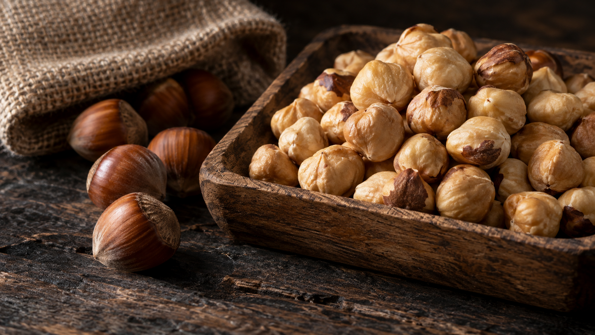 Shelled hazelnuts and whole nuts beside a woven export sack