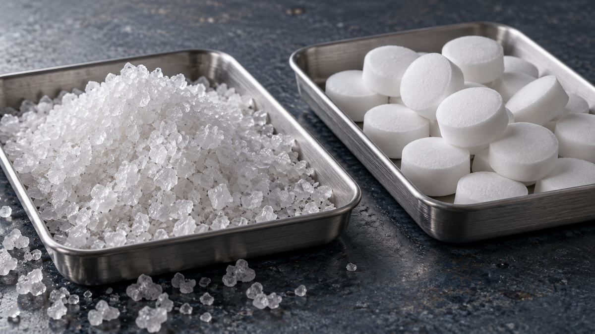 Salt crystals and compressed tablets in separate trays