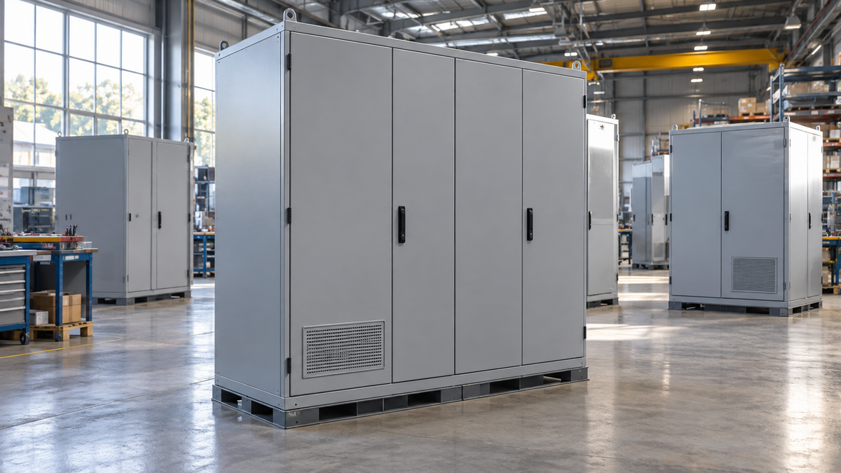 Closed modular equipment cabinets on an industrial assembly floor