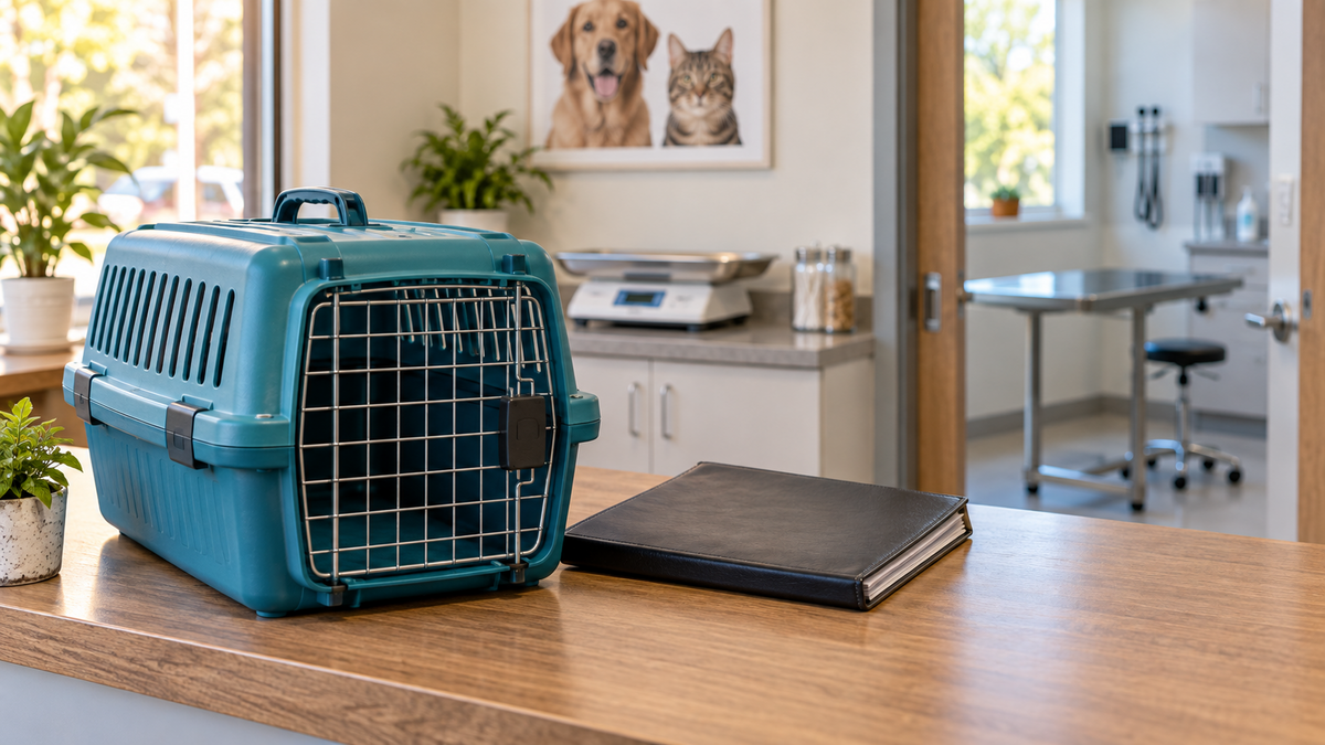 Pet carrier and closed record folder at a veterinary reception counter