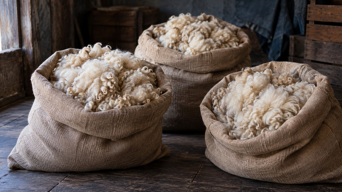 Separate canvas sacks of wool on a wooden floor