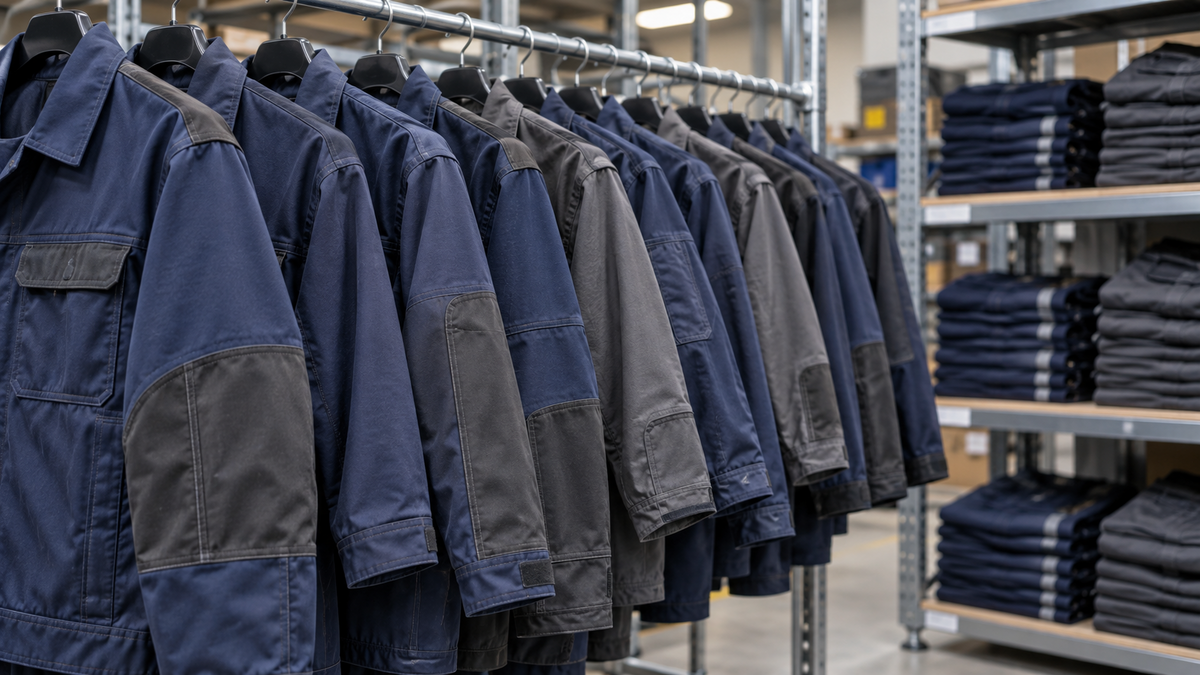 Work jackets of different sizes arranged on a stockroom rail