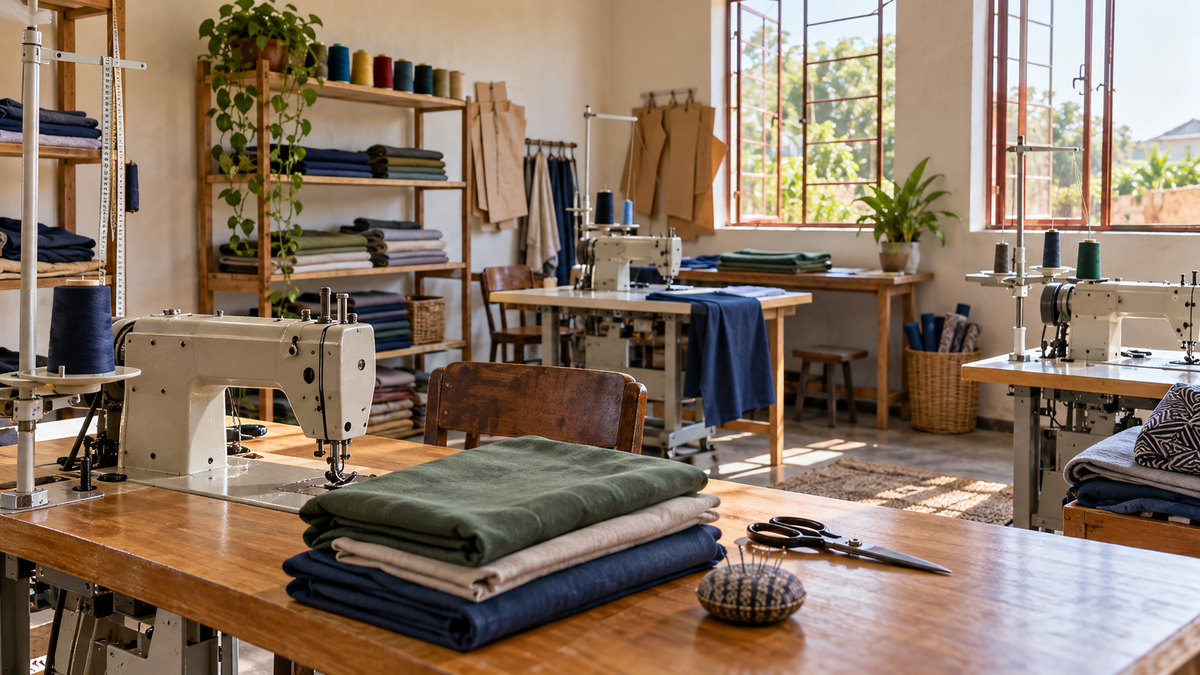 Sewing machines and fabric in a workshop, for the topic of business activity and employment