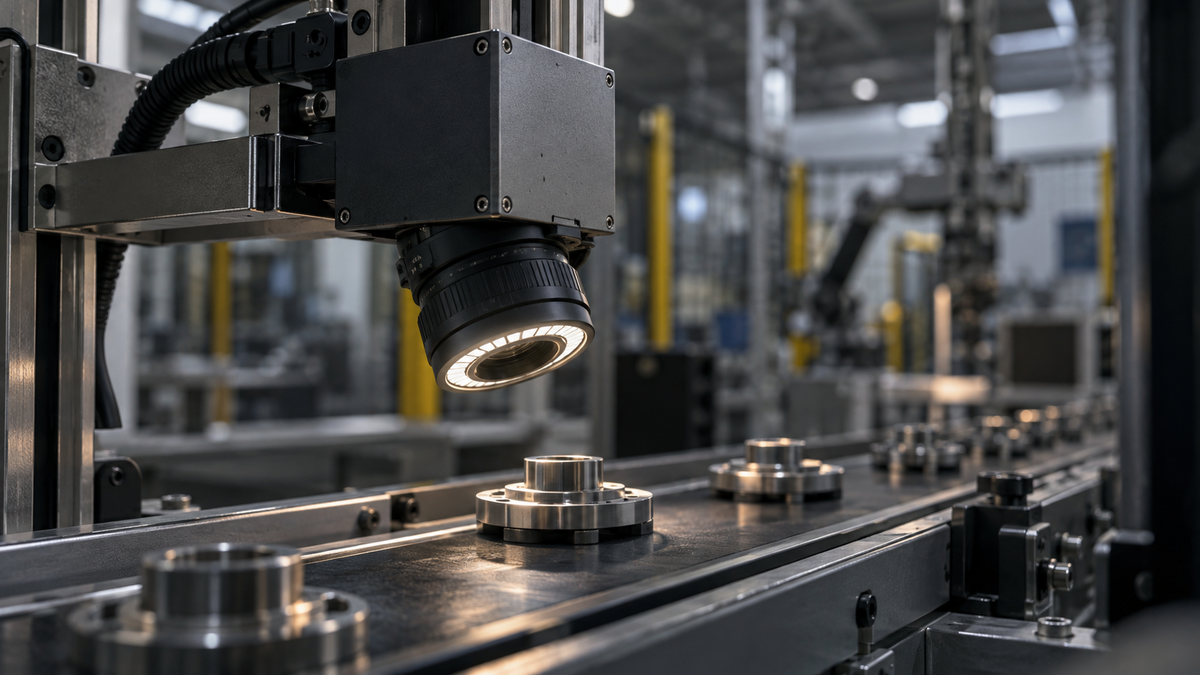 Machine-vision camera above metal components on a production conveyor