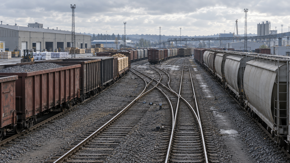 Industrial freight wagons at a rail logistics yard
