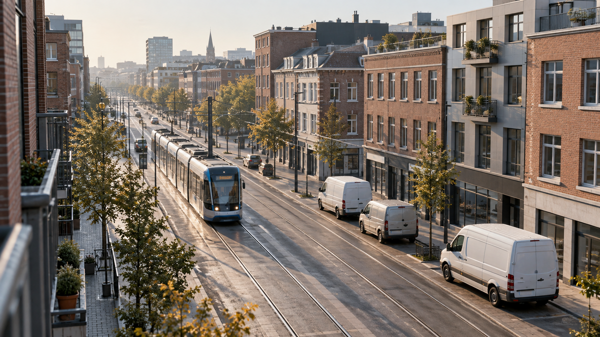 A tram and delivery vehicles in an urban district