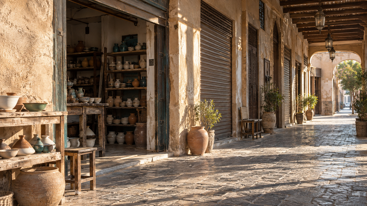 Small shops along a shaded street in a warm-climate city