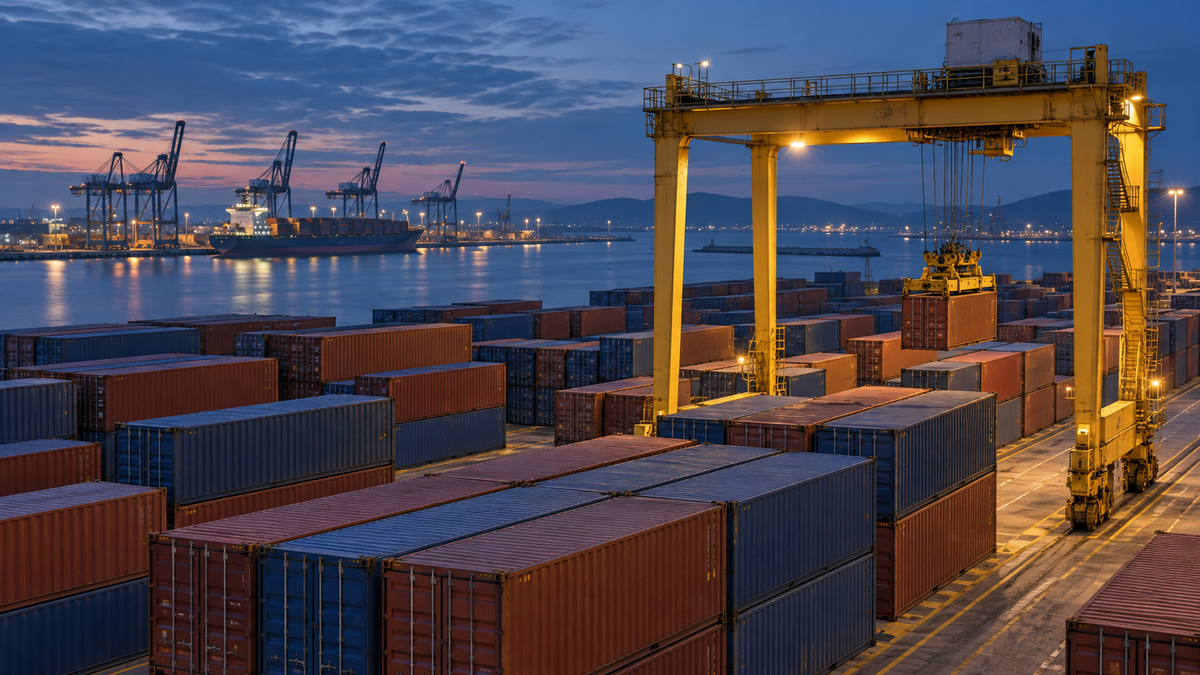 Cargo containers and a gantry crane at a port